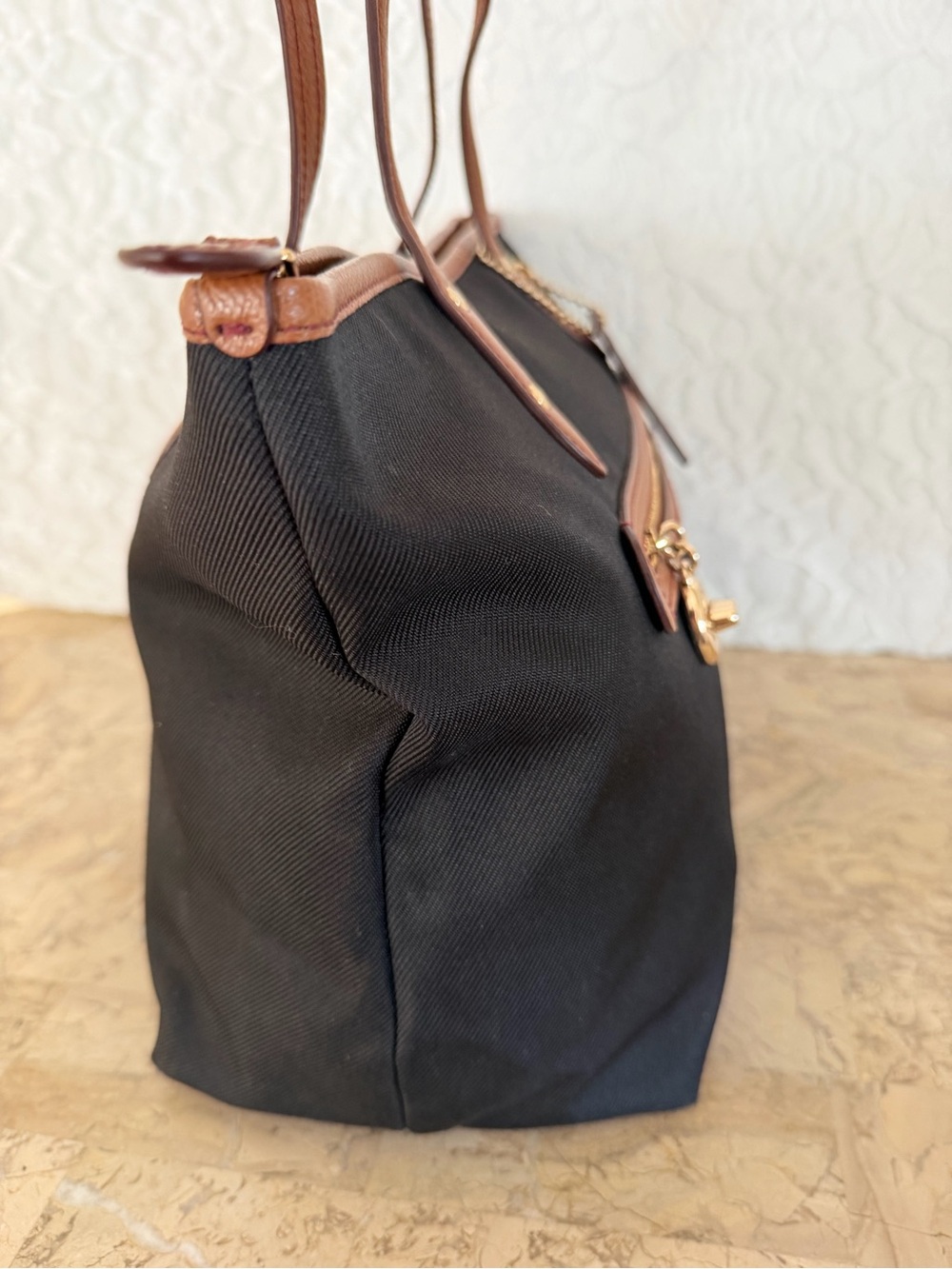 COACH Sawyer Black Tote black cotton with Brown Leather Trim and Front Zip - Picture 4 of 10